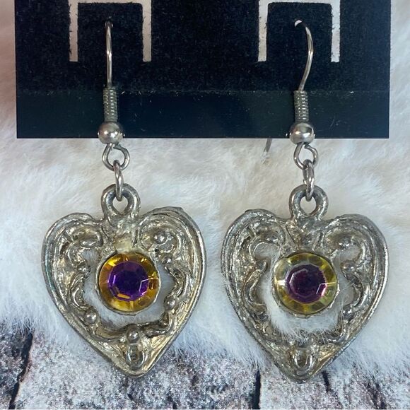 Silver Heart Shaped Dangle Earrings with Purple Gold Rhinestone Accents - Picture 1 of 5